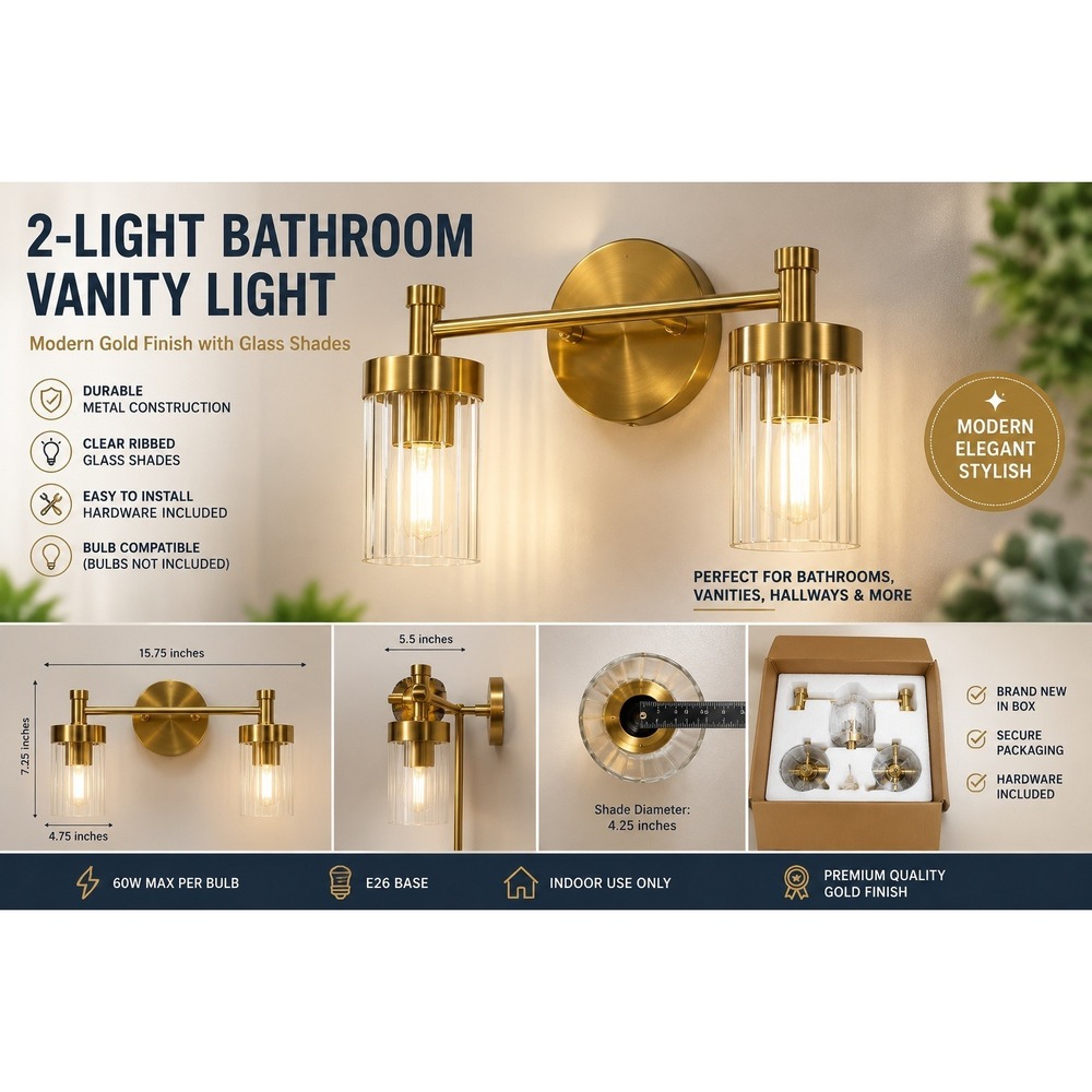 Modern 2-Light Vanity Sconce Brushed Brass Fluted Glass Wall Light Fixture